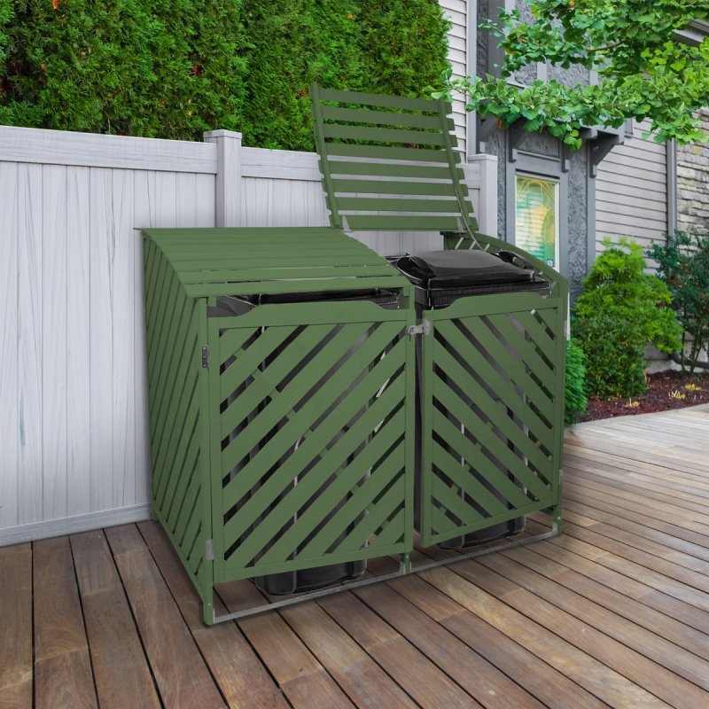 Double Sage Green Wheelie Bin Storage Shed Garden Latched Lockable Outdoor Dustbin Cover Store Unit Chain Lid