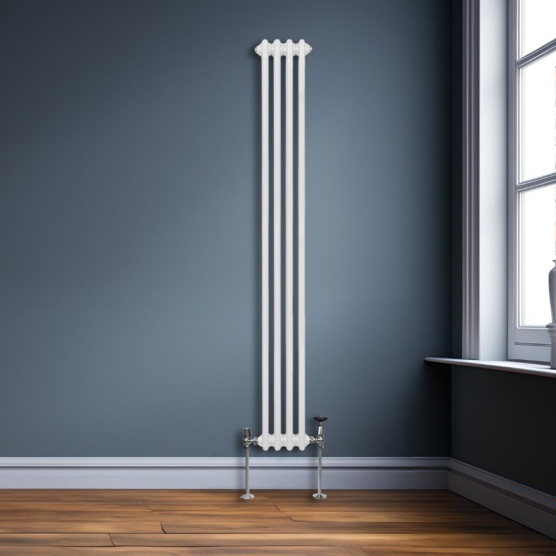 Traditional 3 Column Radiator 1800mm x 202mm Modern Central Heating Heater Gloss White Carbon Steel Vertical Wall Mounted Kitchen Living Room Bathroom Cleaning Brush Fixing Kit & Brackets