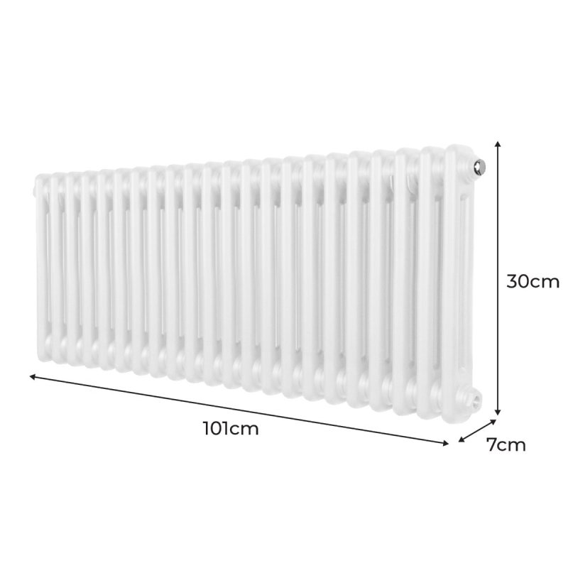 Traditional 2 Column Radiator 300mm x 1012mm Modern Central Heating Heater Gloss White Carbon Steel Horizontal Wall Mounted Kitchen Living Room Bathroom FREE Cleaning Brush Fixing Kit & Brackets