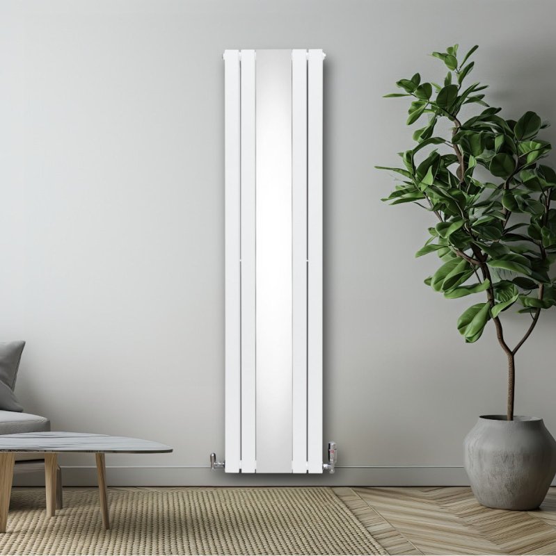 Flat Panel Radiator With Mirror 1800mm x 425mm Modern Designer Double Column Vertical Heater Gloss White Carbon Steel Wall Mounted Kitchen Living Room Cleaning Brush Fixing Kit & Brackets