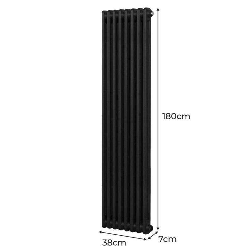 Traditional 2 Column Radiator 1800mm x 382mm Modern Central Heating Heater Matt Black Carbon Steel Vertical Wall Mounted Kitchen Living Room Bathroom Cleaning Brush Fixing Kit & Brackets