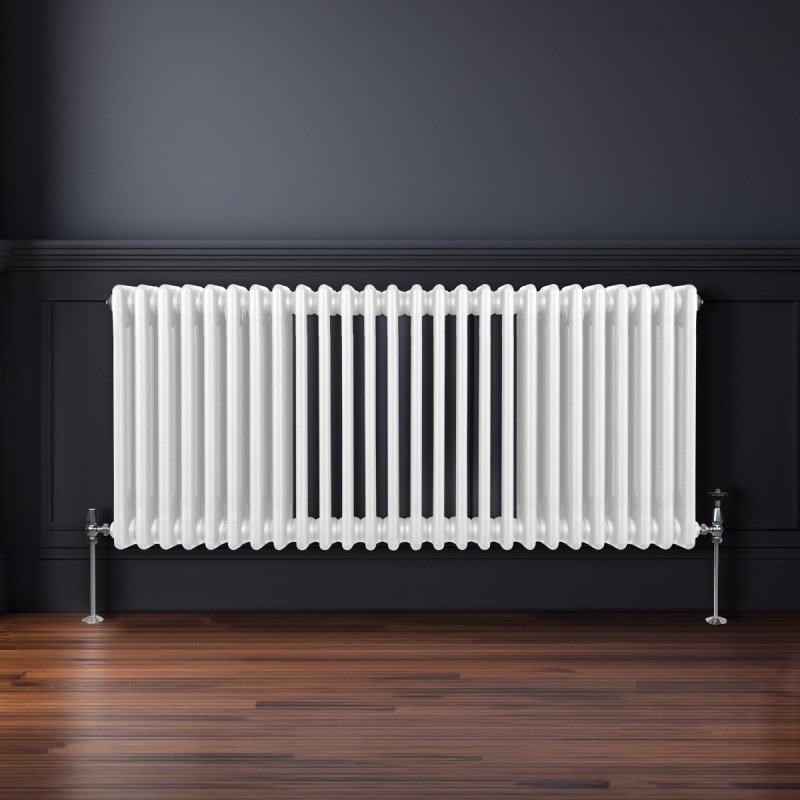 Traditional 3 Column Radiator 600mm x 1192mm Modern Central Heating Heater Gloss White Carbon Steel Horizontal Wall Mounted Kitchen Living Room Bathroom Cleaning Brush Fixing Kit & Brackets