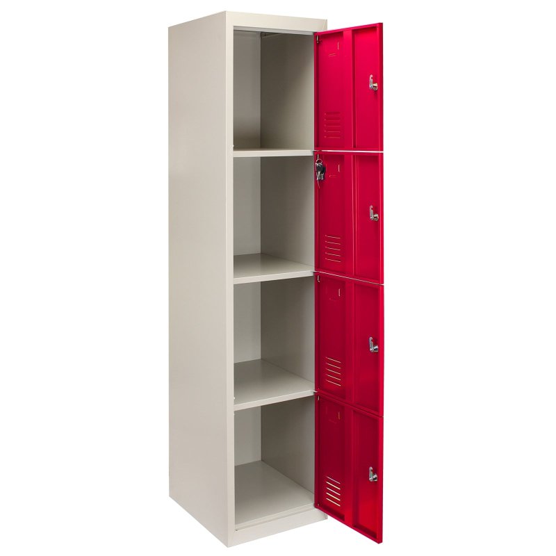 MonsterShop Metal Lockers 4 Door Storage, Flatpack Red & Grey Metal Lockable Unit, School Staff Gym Changing