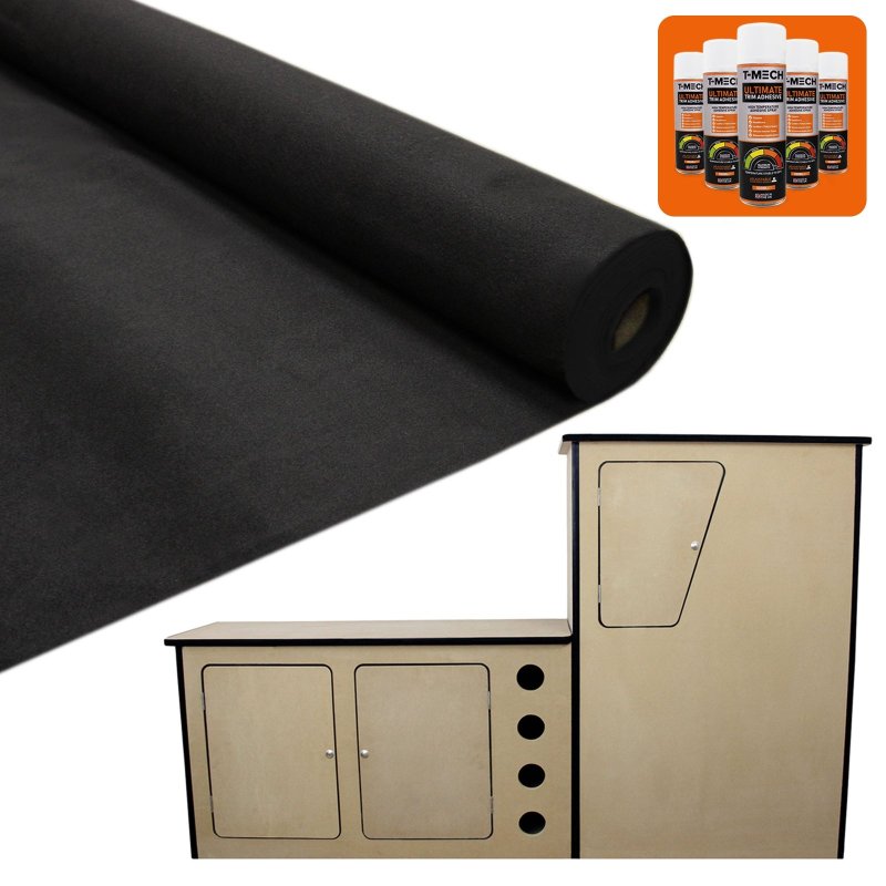 T-Mech 11m2 Van Lining Carpet Super Stretch Kit Black | With Camper Motor Home Kitchen Unit | FREE 5 Heavy Duty Adhesive Glue Spray Cans