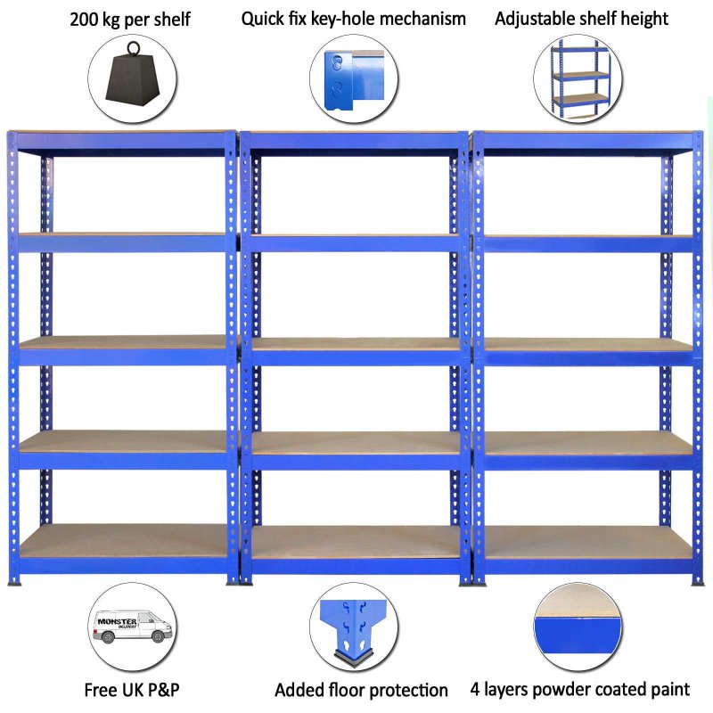 5 Monster Racking Q-Rax Industrial Warehouse Shelving Unit Garage Racks, 200kg/shelf, 90cm/120cm