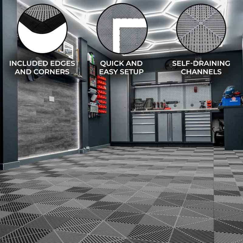 Vented Modular Interlocking Flooring Tiles & Edges 225 x Grey Double Garage Heavy Duty Floor Mat Showroom Workshop Outdoor Polypropylene Anti Slip Weather Resistant Drainage Channels 6m x 6m 36m2