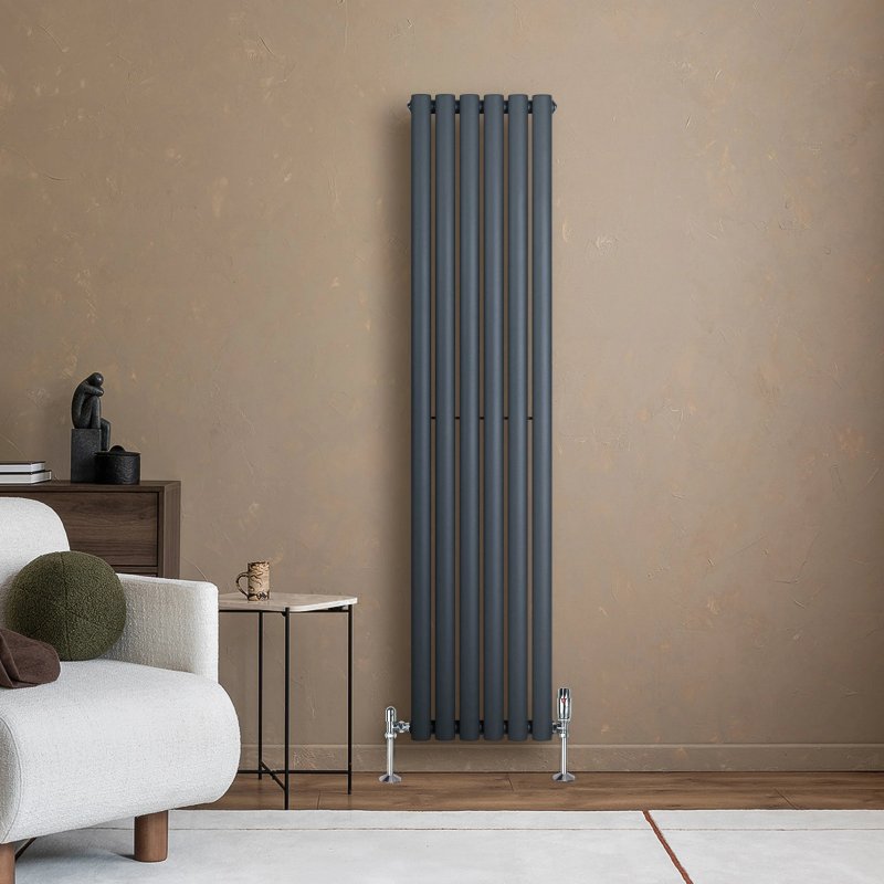 Oval Single Column Radiator & Valves - 1600mm x 360mm - Anthracite Grey