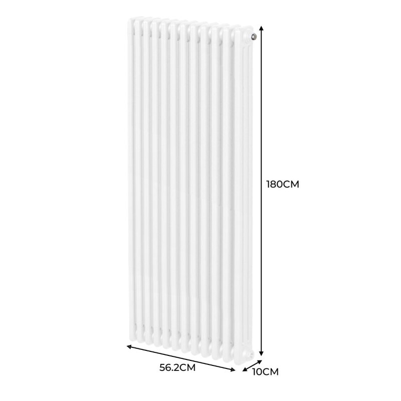 Traditional 3 Column Radiator 1800mm x 562mm Modern Central Heating Heater Gloss White Carbon Steel Vertical Wall Mounted Kitchen Living Room Bathroom Cleaning Brush Fixing Kit & Brackets