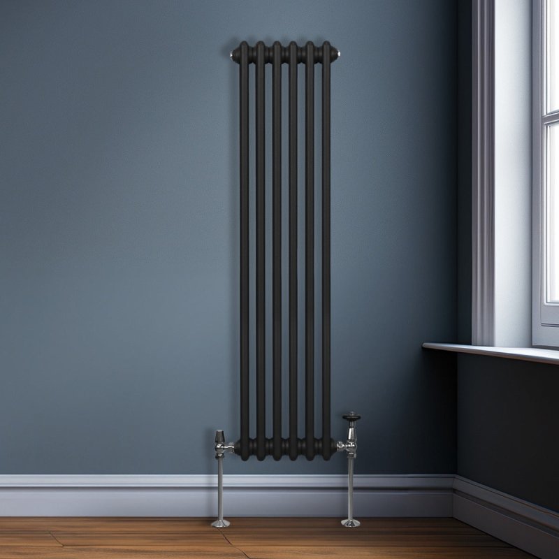 Traditional 2 Column Radiator 1500mm x 292mm Modern Central Heating Heater Matt Black Carbon Steel Vertical Wall Mounted Kitchen Living Room Bathroom Cleaning Brush Fixing Kit & Brackets