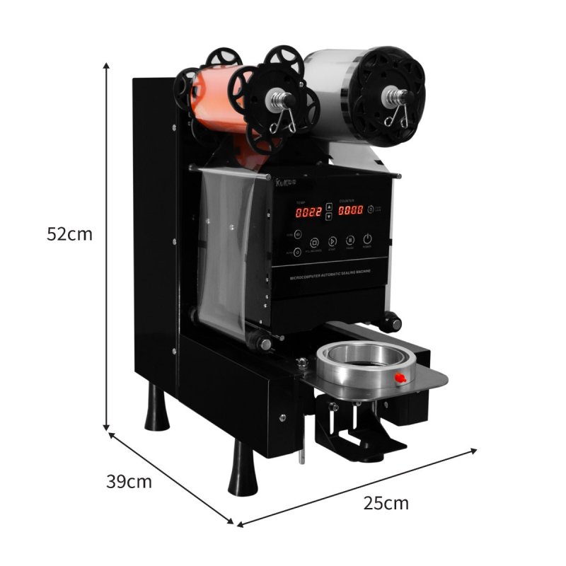 Cup Sealing Machine Electric 500W Fully Automatic Control LCD Panel Commercial Stainless Steel Black Bubble Milk Tea Coffee Smoothies Plastic Paper 90mm 95mm Diameter FREE Film Roll 500-650 Cups Hour