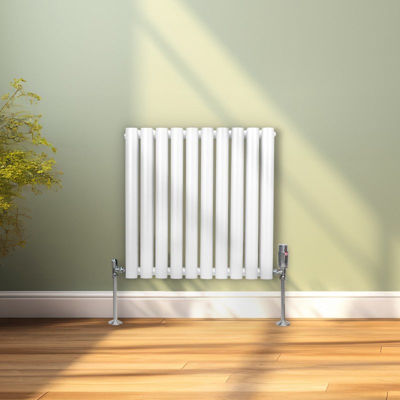 Oval Column Radiator 600mm x 600mm & TRV Chrome Valves Modern Designer Double Panel Central Heating Heater White Steel Horizontal Kitchen Living Room Bathroom FREE Cleaning Brush Fixing Kit & Brackets