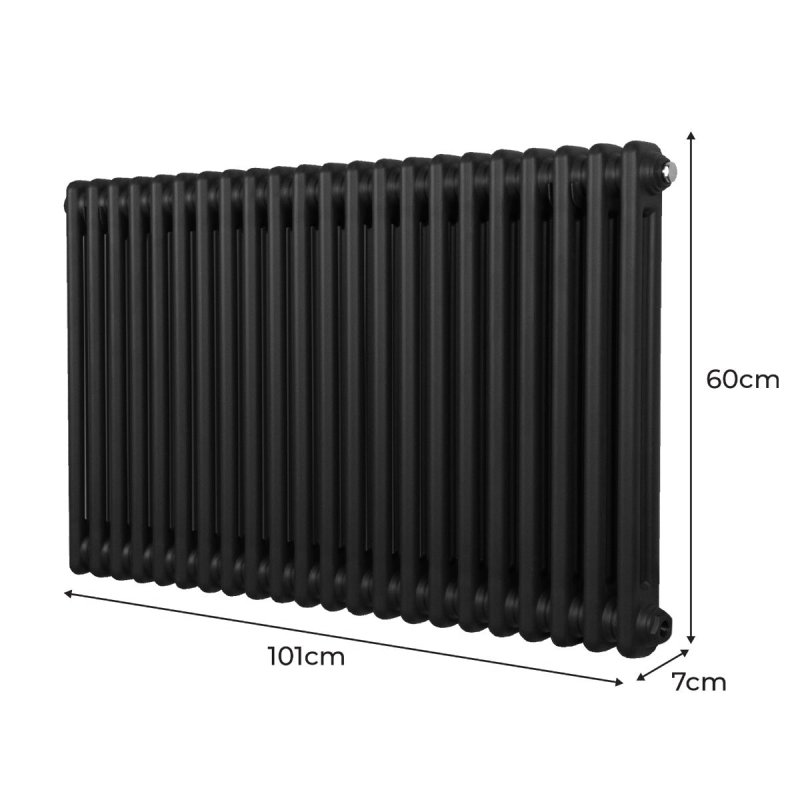 Traditional 2 Column Radiator 600mm x 1012mm Modern Central Heating Heater Matt Black Carbon Steel Horizontal Wall Mounted Kitchen Living Room Bathroom FREE Cleaning Brush Fixing Kit & Brackets
