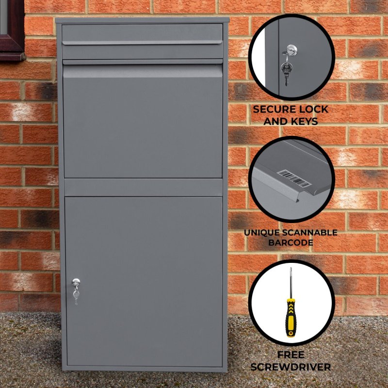 Parcel Post Drop Box XL Grey Steel Outdoor Lockable 2 Keys Letter Mail Package Courier Container Delivery Storage Wall Mount Safe Secure Anti Fishing Scannable Barcode Screwdriver Fixing Kit