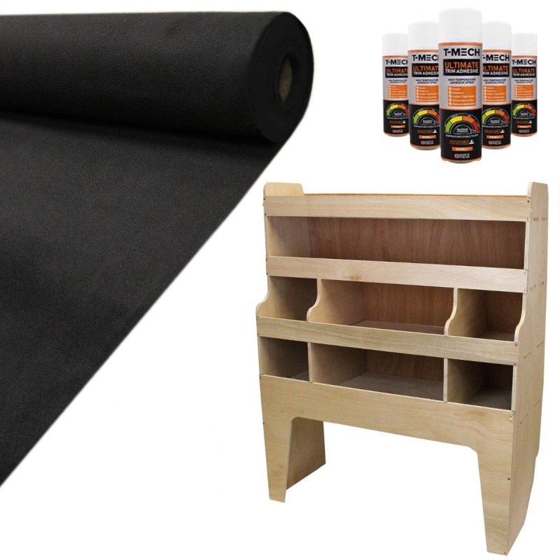 Camper Van Lining Carpet 11m2 Black 4 Way Super Stretch & VW Transporter Van Racking Plywood Tool Storage Utility Ply Toolbox Transporter Shelves Rack Unit Motorhome 5 x Adhesive Glue Cans Kit