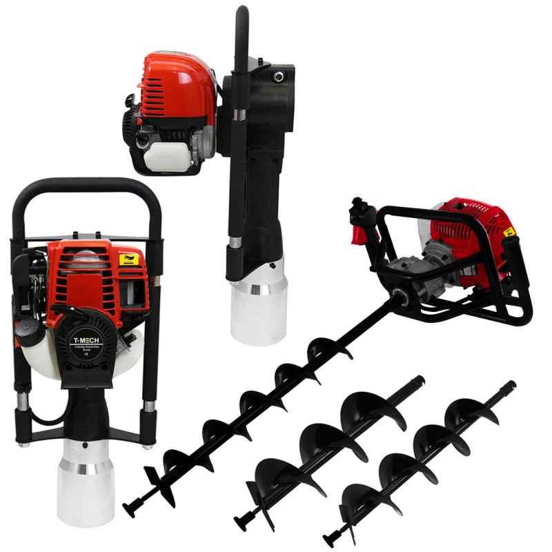 T-Mech Earth Auger and Petrol Post Driver 120mm Post Hole Borer Fence Hammer Picket Fencing Knocker 52cc 37.7cc Rammer