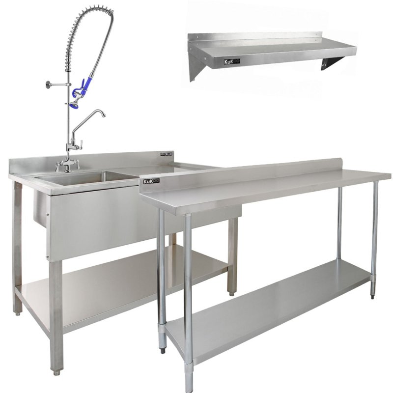 6ft Stainless Steel Catering Bench & 2 Wall Mounted Shelves Commercial Kitchen Work Prep Table Worktop Backsplash 2 Tier Adjustable Heavy Duty Corrosion Resistant FREE Microfibre Cloths & Fixing Kit