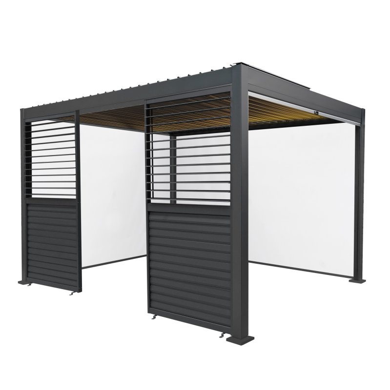 Anthracite Aluminium Pergola With White Blinds, 2 x Side Panels & LED Lights - 3m x 4m