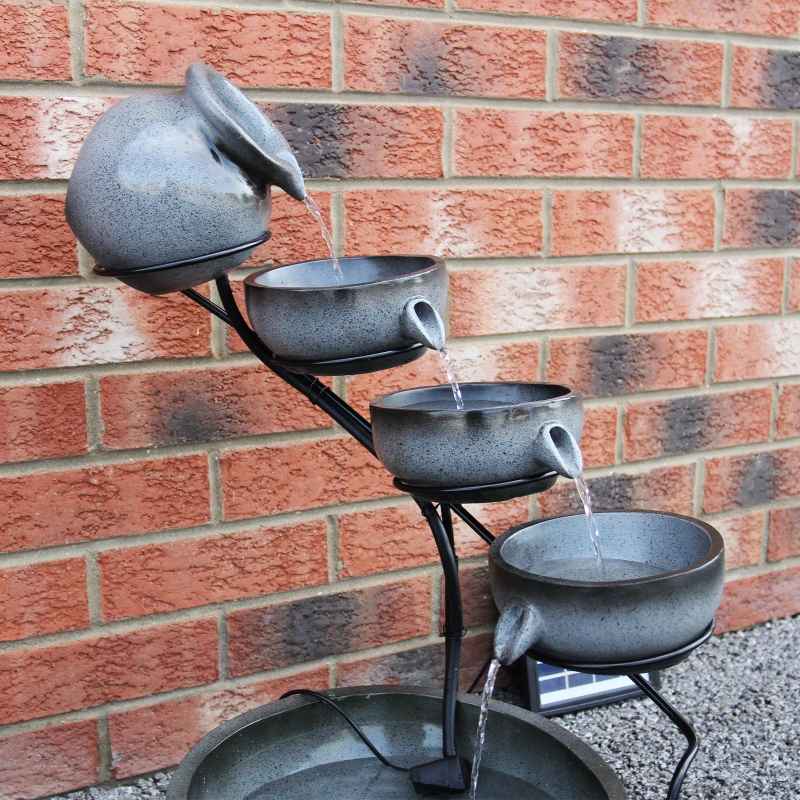 Water Feature Garden Fountain Solar Powered Outdoor Garden Cascade Ornament D̩cor Patio Resin Grey Freestanding Cascading 4 Tier Spilling Bowls