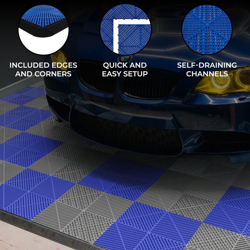 Vented Modular Interlocking Flooring Tiles & Edges 60 Grey & 60 Blue Single Garage Heavy Duty Floor Mat Showroom Workshop Outdoor Polypropylene Anti Slip Weather Resistant Drainage 3.2m x 6m 19.2m2