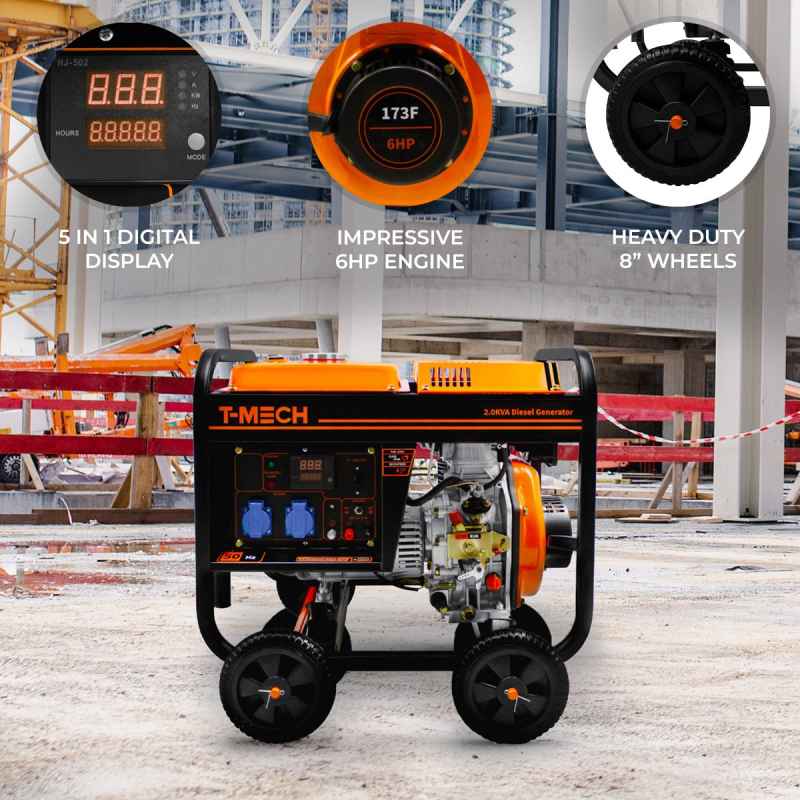 Portable Diesel Generator Open Frame 2kVA 230V 6HP 3.8kW 5 In 1 Digital Display Single Phase Manual Start Emergency Power AC DC Output Powder Coated Steel 12.5L Fuel Capacity Wheels Tool Kit & Funnel