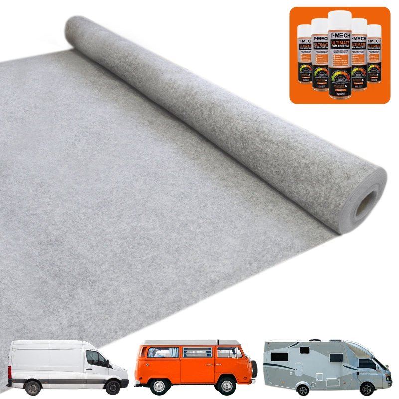 11m2 Van Lining Carpet Super Stretch Kit Camper Motor Homes Silver Grey & 5 Heavy Duty Adhesive Glue Spray Cans