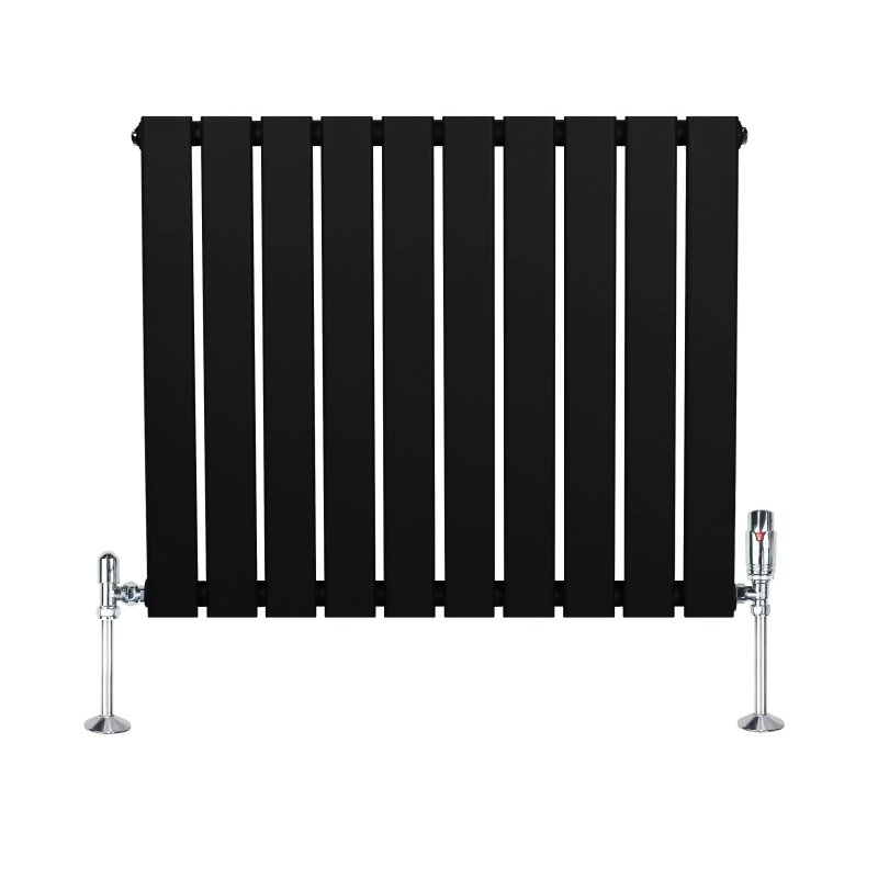 Flat Single Column Radiator & Valves - 600mm x 700mm - Black