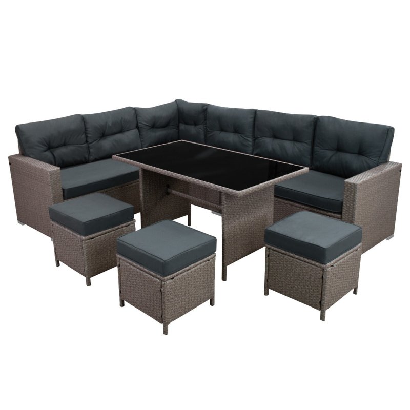 Rattan Corner Dining Set Outdoor Garden Furniture Grey 9-Seater L Shape Sofa Stools Tempered Glass Table UV Protected Waterproof Grey Seat Back Cushions Patio Conservatory Lounge FREE Rain Cover
