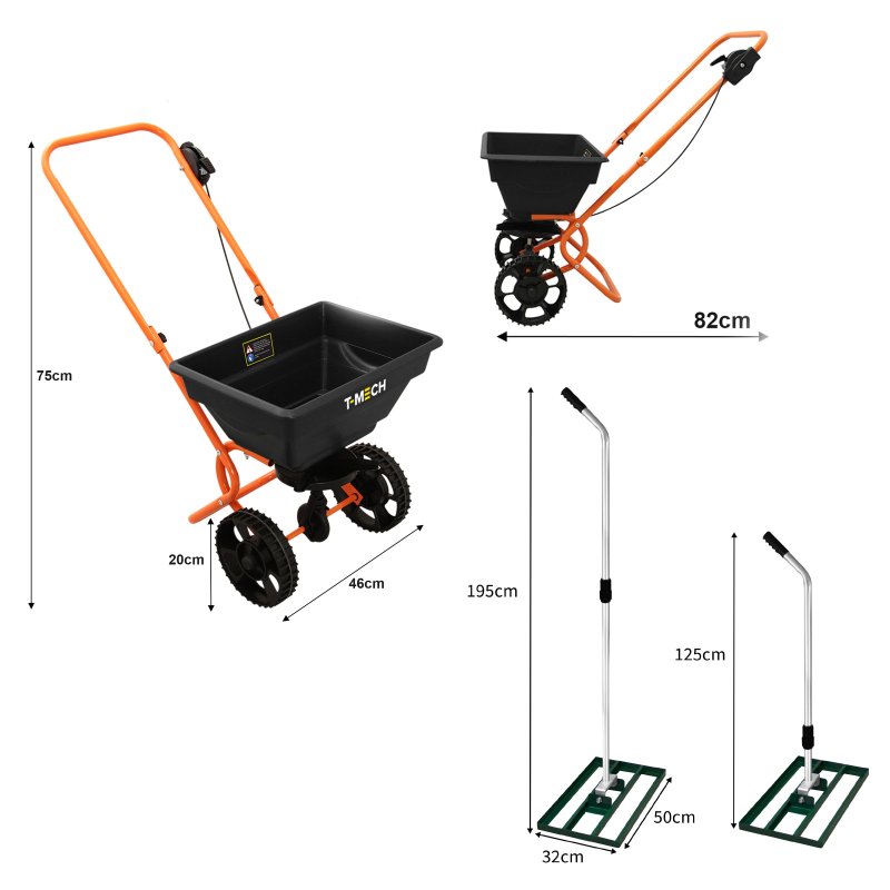 Lawn Leveller & Rotary Spreader Gritter Fertiliser Garden Levelling Rake Lute 50cm x 32cm Green Removable Extendable Handle Salt Grit Sand Seed Rain Cover & Gloves
