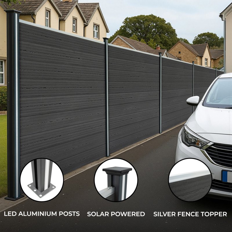 Composite Fence Panels, Angled Piece & LED Posts 6ft x 54.5ft - Grey