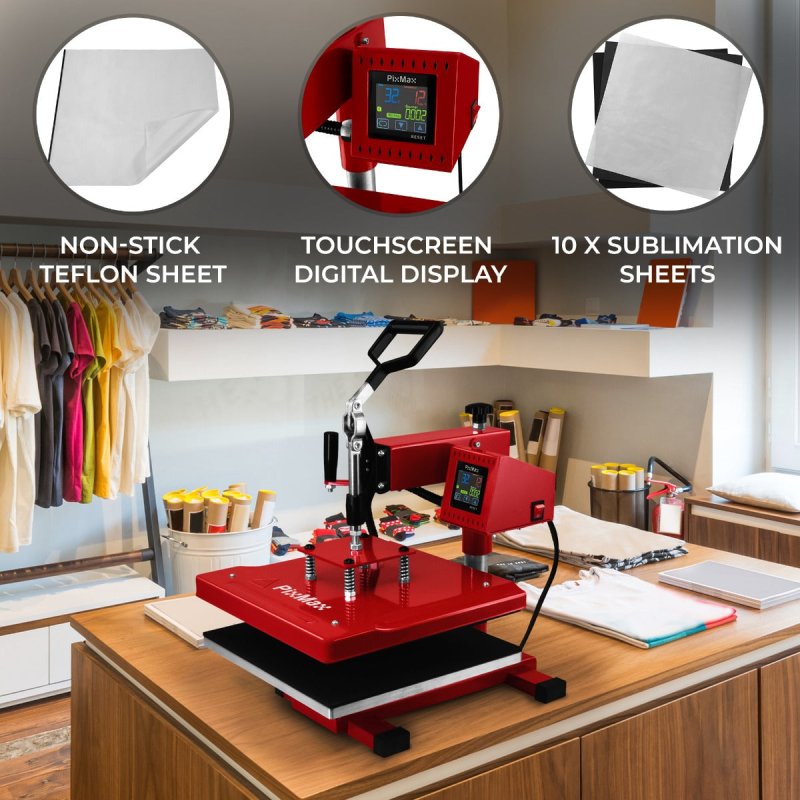 Heat Press Digital Transfer Machine Sublimation Printer 38 x 38cm Flat Swing Teflon Sheet Touchscreen Display Adjustable Pressure Ink Vinyl 250C DIY Professional Tshirt Business 10 Sublimation Sheets