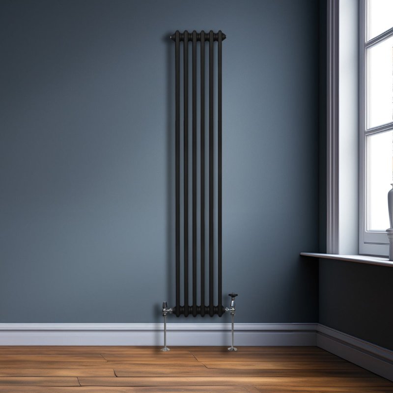 Traditional 3 Column Radiator 1800mm x 292mm Modern Central Heating Heater Matt Black Carbon Steel Vertical Wall Mounted Kitchen Living Room Bathroom Cleaning Brush Fixing Kit & Brackets