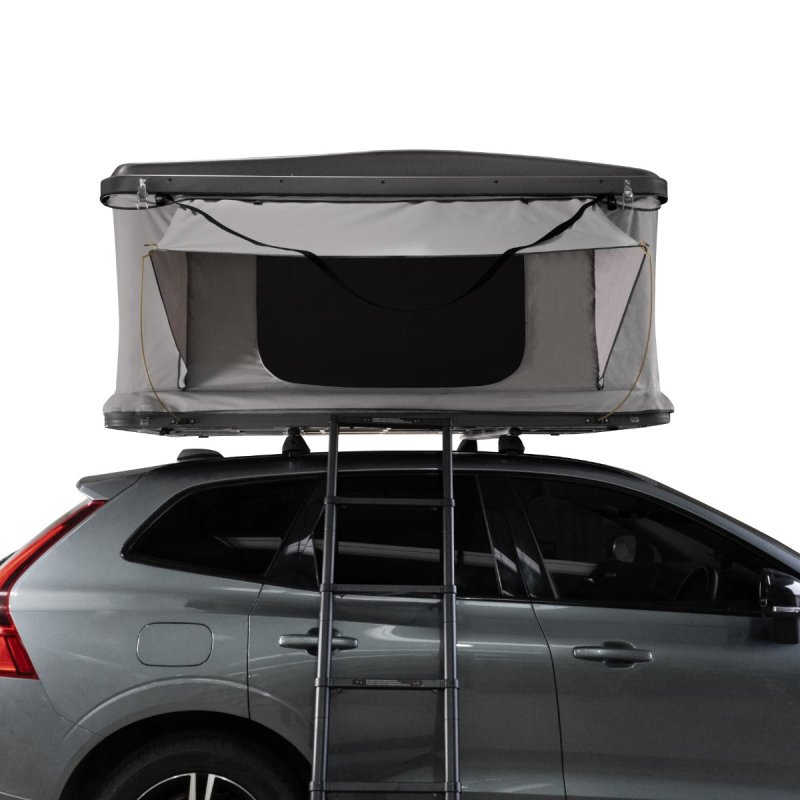 Car Roof Top Tent Grey Large Hard Shell Box Gas Assisted Pop Up Bunk 2-3 Person 3000mm Waterproof Camping Telescopic Ladder 5.5cm Mattress Boot Bags Anti Condensation FREE Storage Net & Solar Torch