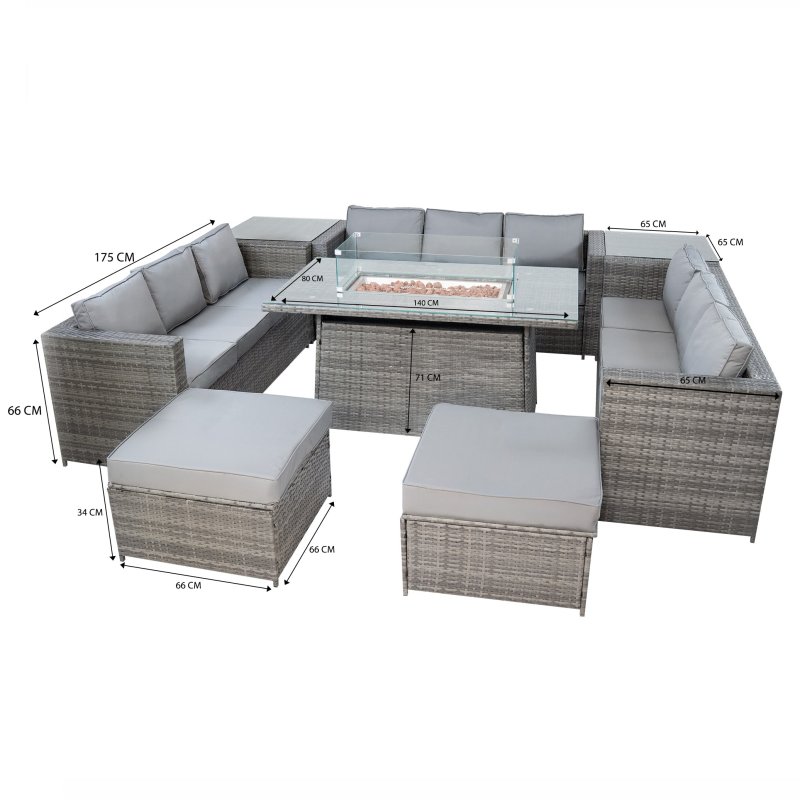 11 Seater Rattan Furniture Set With Firepit - Grey