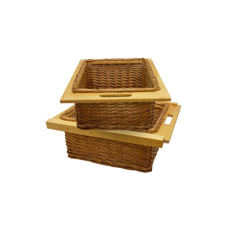 2 x Pull out Wicker Basket Drawer 500mm Kitchen Storage Solution Larder Base Unit Cupboard with Handle Rustic Beech Wood Farmhouse Style 100% Handmade Rattan FREE Fixing Kit Included
