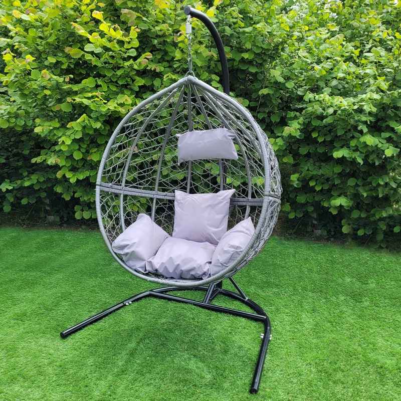 Swing Hanging Egg Chair Rattan Bench Garden Patio Outdoor Indoor Furniture Hammock Basket Seat Grey | with Cushions, Waterproof Cover and Stand