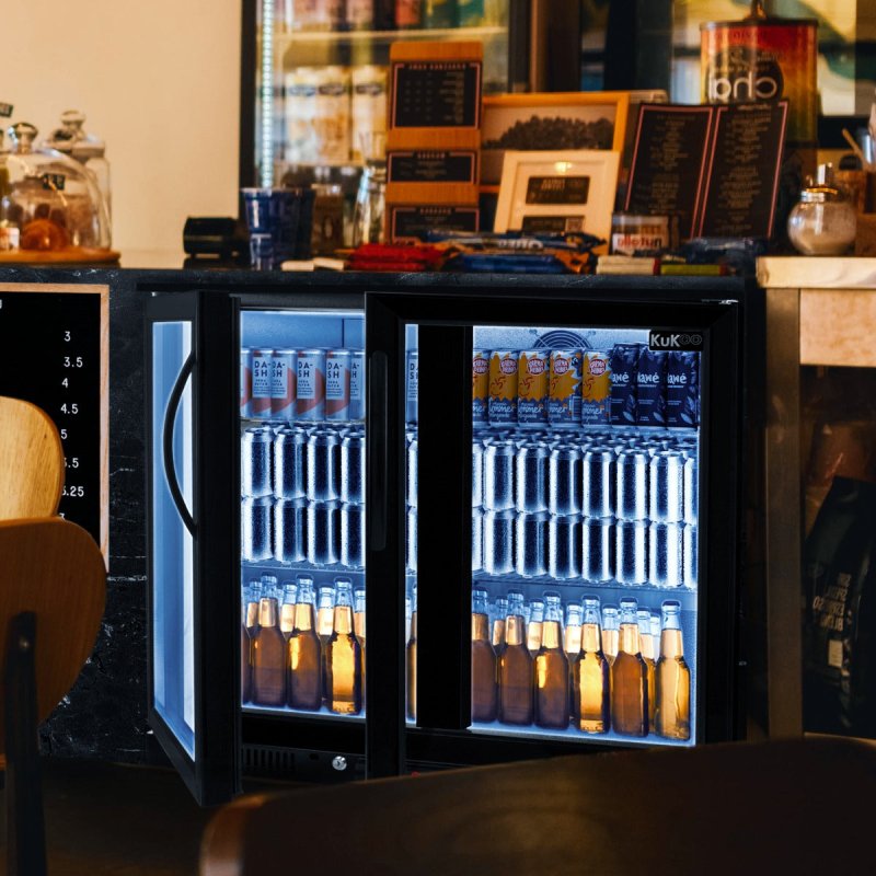 Back Bar Fridge Cooler 208L Capacity Commercial Hinged Double Door Under Counter Black Chiller Self Closing 112 x 500ml Bottles Beer Wine 4 Adjustable Shelves Colour Changing LED Light 7 Colours