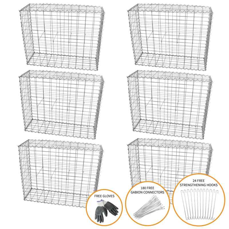 Gabion Baskets Cages Mesh Wire Galvanised Steel Outdoor Stone Basket Spiral Retaining Wall Planter Garden / 100 x 80 x 30cm / 6 Pack
