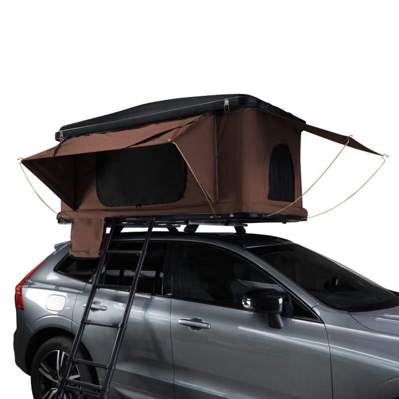 Car Roof Top Tent Brown Large Black Hard Shell Box Gas Assisted Pop Up Bunk 2-3 Person 3000mm Waterproof Camping Telescopic Ladder 5.5cm Mattress Boot Bags Anti Condensation FREE Storage Net & Torch