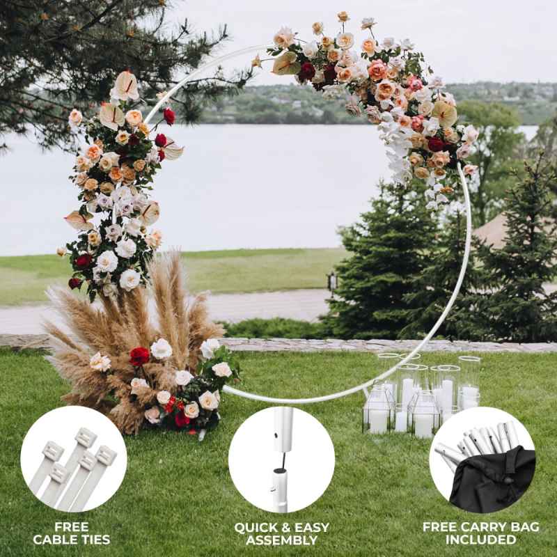 Wedding Moongate Arch White 2m/ 200cm Arbour Round Outdoor Decor Background Flower Balloon Circle Hoop Frame Backdrop Party Decoration Floral Prop Floor Standing Baby Shower Birthday Christening