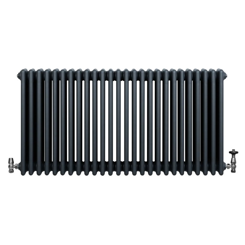 Traditional 4 Column Radiator & Valves - 600 x 1190mm - Anthracite Grey