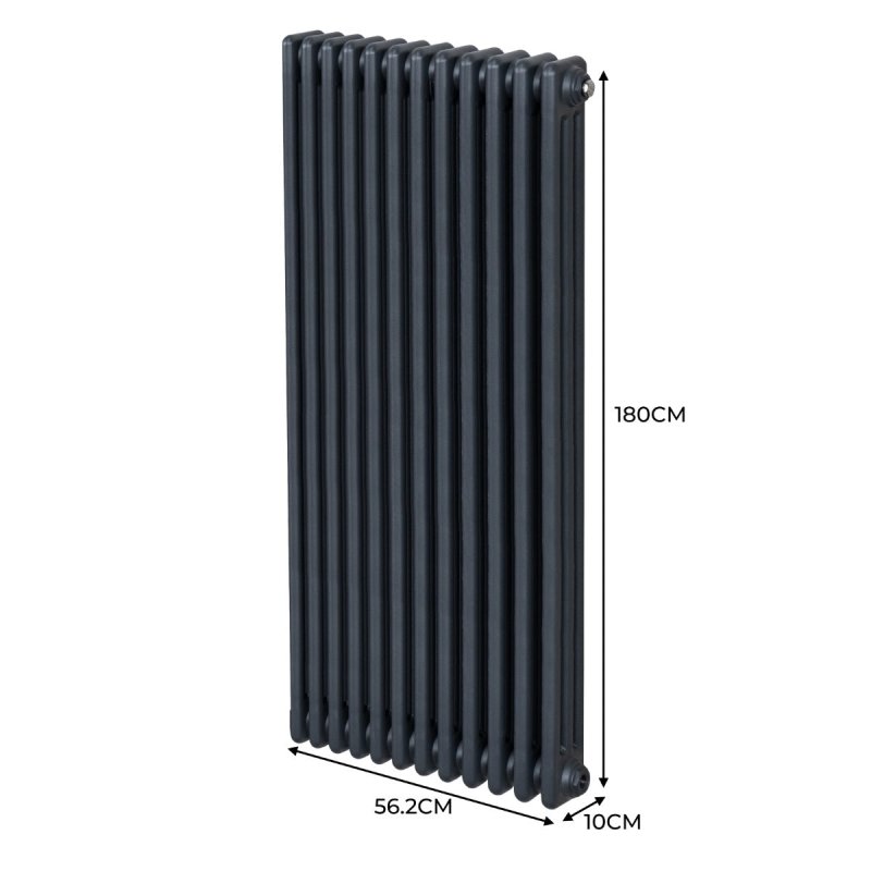 Traditional 3 Column Radiator 1800mm x 562mm Modern Central Heating Heater Matt Anthracite Grey Carbon Steel Vertical Wall Mounted Kitchen Living Room Bathroom Cleaning Brush Fixing Kit & Brackets