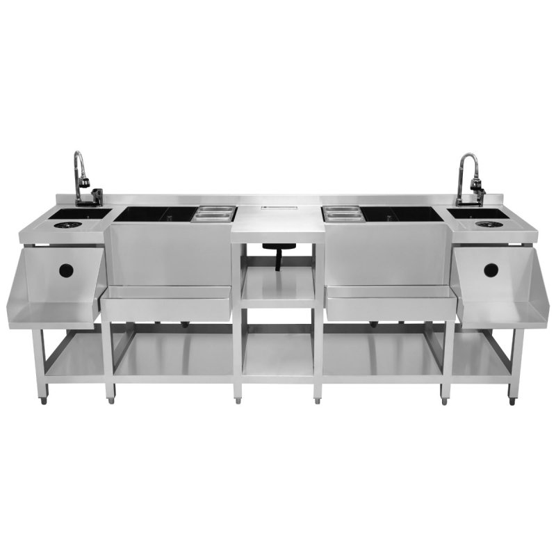 Cocktail Bar Station Compact Twin Free-Standing Stainless Steel Insulated Ice Well Sink 360 Mixer Tap Glass Refresher Drip Tray Blender Shelf Speed Rail Shelves Gastro Pots Knife Holder Boston Shaker