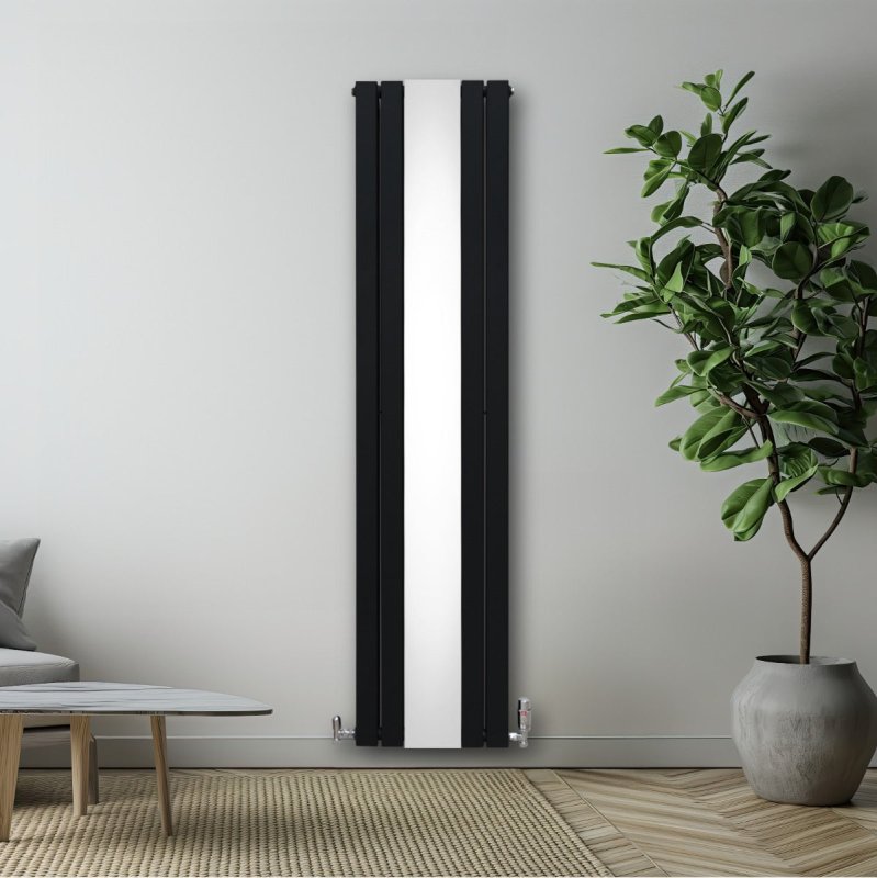 Flat Panel Radiator With Mirror 1800mm x 425mm Modern Designer Double Column Vertical Heater Matt Black Carbon Steel Wall Mounted Kitchen Living Room Cleaning Brush Fixing Kit & Brackets