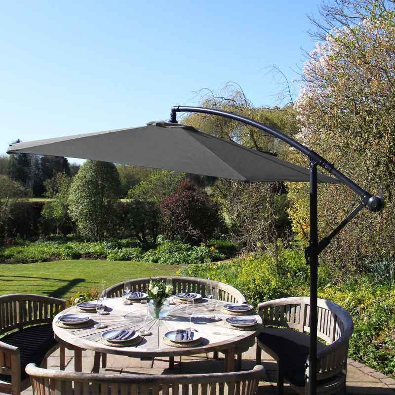 3m Cantilever Garden Parasol Banana Hanging Umbrella Winding Crank Shade Patio Outdoor Sun Shade Tilt UV Protection | Grey Fan Base
