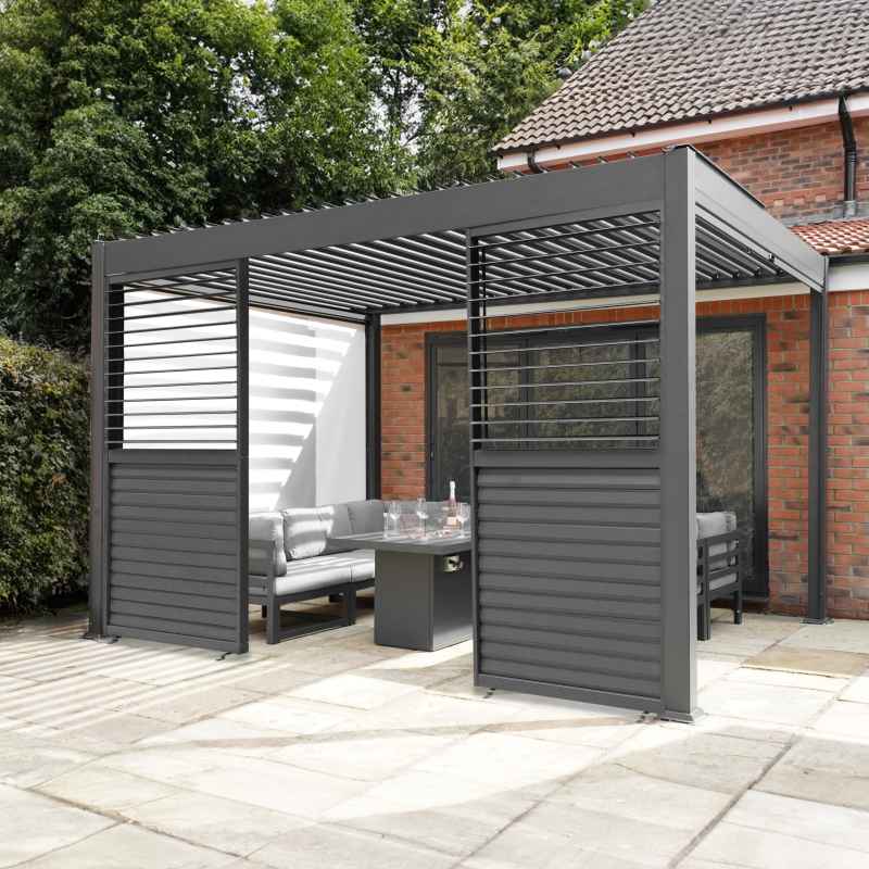 Anthracite Aluminium Pergola With White Blinds & 2 Shutter Panels - 3m x 4m