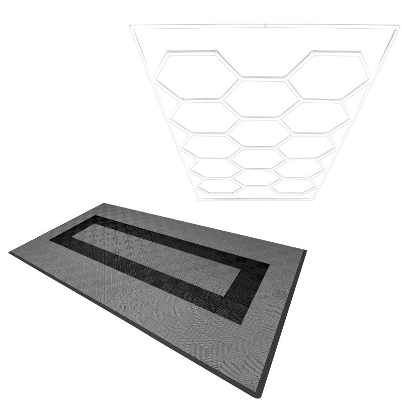 Vented Modular Interlocking Flooring Tiles 90 Grey & 30 Black With Edges & Hexagon LED Lighting 14 White Lights & Border 6500K 3 Mount Options & Suspended Ceiling Kit Single Garage Floor Mat 3.2m x 6m