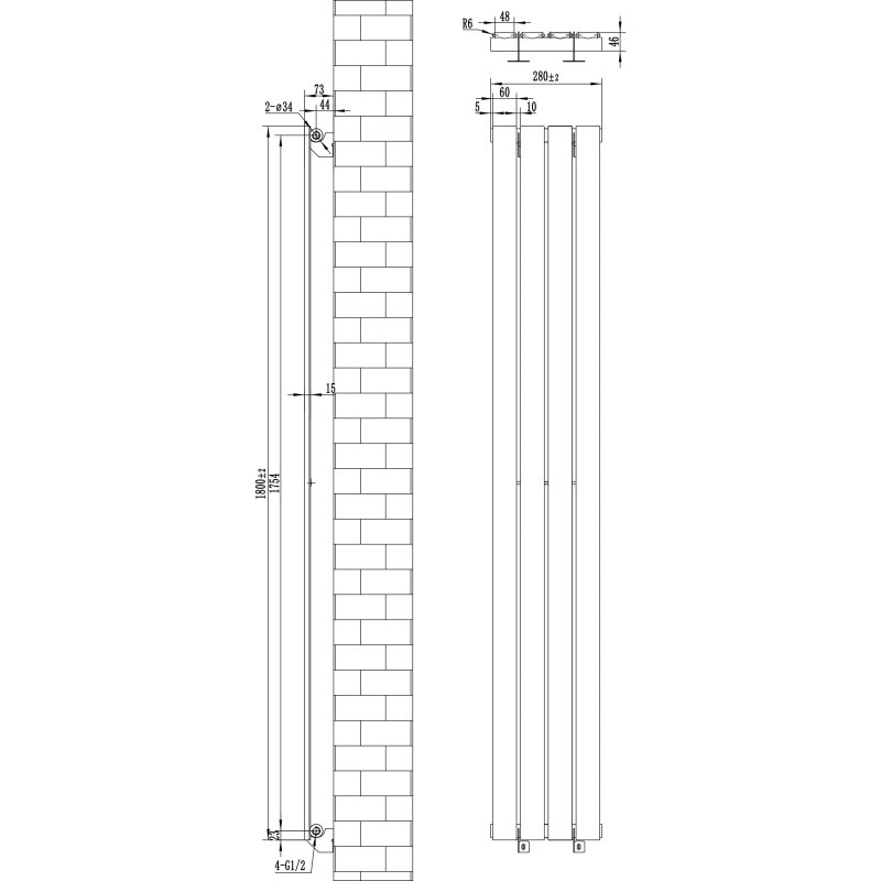 Flat Single Column Radiator & Valves - 1800mm x 280mm - White