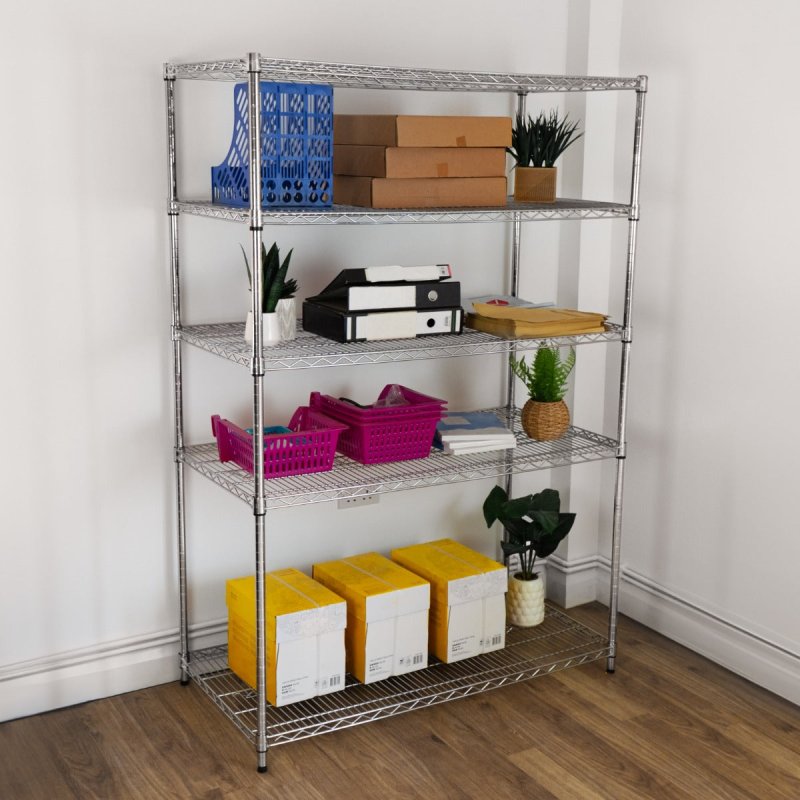 Wire Shelving Rack 5 Tier Metal Storage Unit Heavy Duty Free Standing Boltless Height Adjustable Shelves & Levelling Feet Kitchen Office Garage Silver Chrome 1000kg Weight Capacity