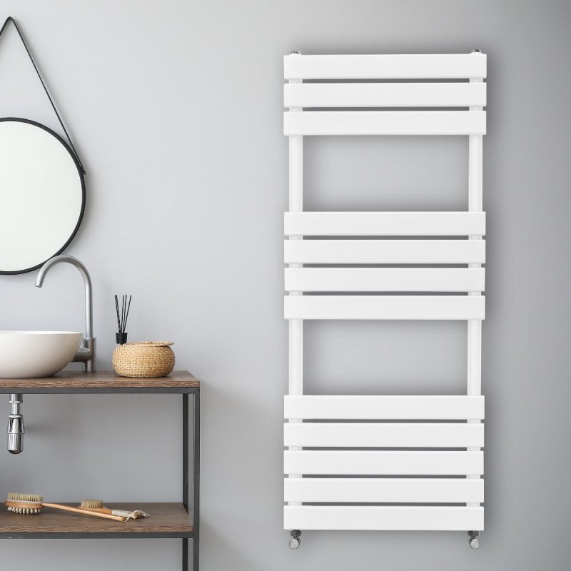 Vertical Towel Radiator Designer Flat Panel 1200mm x 450mm Bathroom Heated Rail Gloss White Central Heating Ladder Heater Wall Mounted Carbon Steel FREE Cleaning Brush Fixing Kit & Brackets