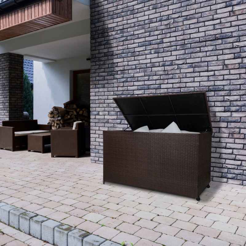 Rattan Garden Storage Brown Box & Waterproof Carry Bag Large Cushion Blanket Tools Toys Furniture Chest 582L Outdoor Patio Deck Steel Frame UV & Weather Resistant Gas Assisted Lift Lid Portable Wheels